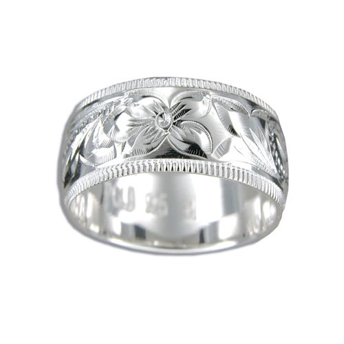 Sterling Silver 10MM Hawaiian Plumeria and Scroll Ring with Coin Edge