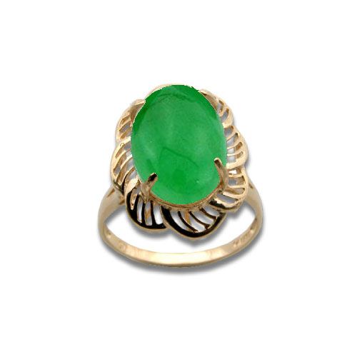 14KT Yellow Gold Cut-Out Flower Design with Oval Shaped Green Jade Ring