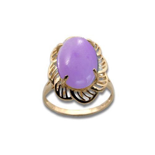 14KT Yellow Gold Cut-Out Flower Design with Oval Shaped Purple Jade Ring