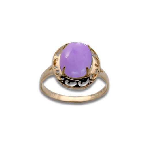 14KT Yellow Gold Oval Shaped Purple  Jade with Cut In Waves Design Ring