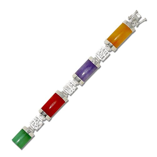 Sterling Silver Chinese Characters with Mixed-Color Jade Bracelet