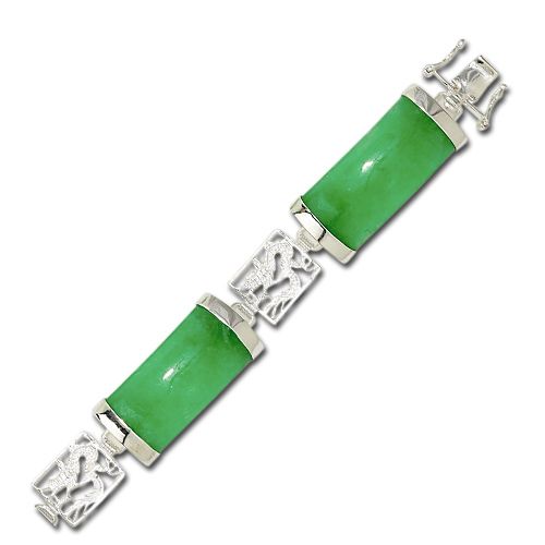 Sterling Silver Dragon Filigree with Green Jade Short Bar Bracelet