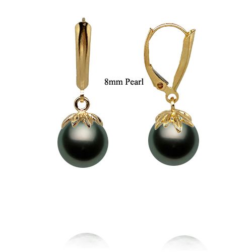 14KT Yellow Gold AAA Round Tahitian Pearl Lever Back Dangling Earrings