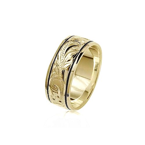 14K Yellow Gold Custom Hawaiian Ring with Black Borders