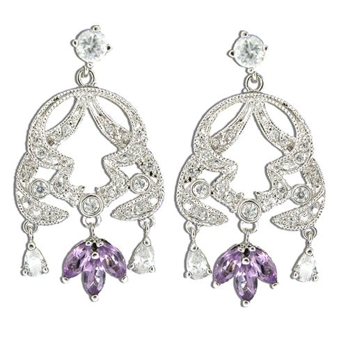 Sterling Silver Ribbon Design with Clear and Amethyst Purple CZ Post Earrings 