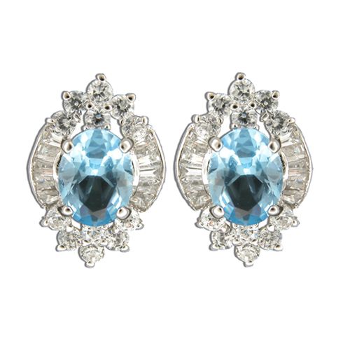 Sterling Silver Bouquet Design with Clear and Aquamarine Blue CZ Post Earrings 