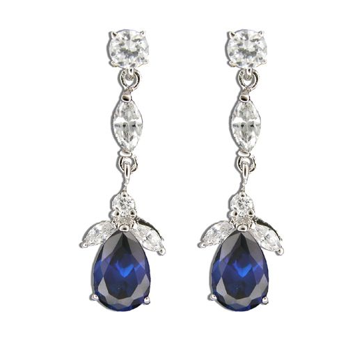 Sterling Silver Dangling Angel with Clear and Sapphire Blue CZ Post Earrings 