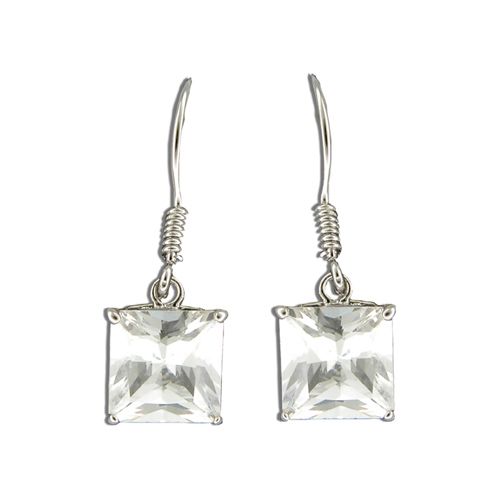 Sterling Silver Square-Cut Clear CZ Fish Wire Earrings 