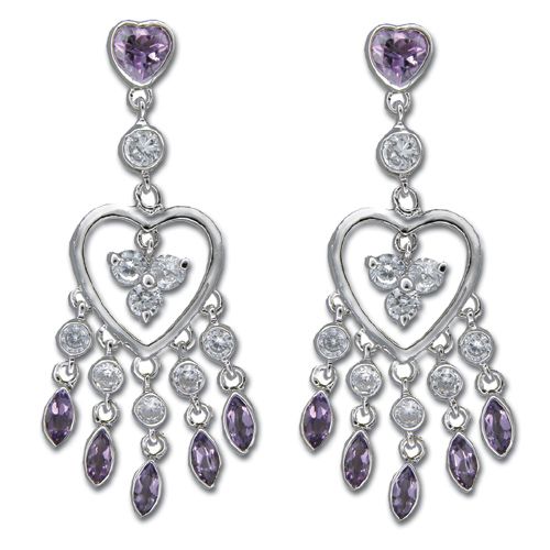 Sterling Silver Layered Hearts with Clear and Amethyst Purple CZ Earrings