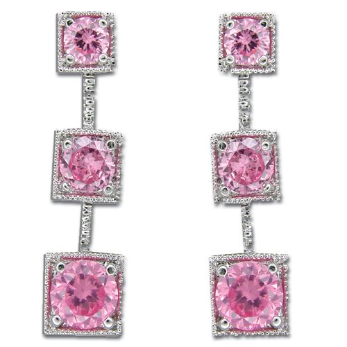 Sterling Silver Three Pink Tourmaline CZ in Squares Earrings