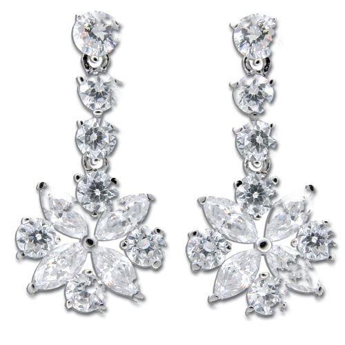Sterling Silver Clear CZ Snowflake Design Drop Earrings 