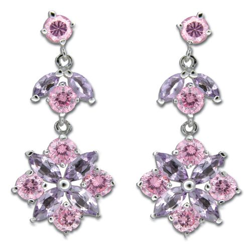 Sterling Silver Flower Design with Pink Tourmaline CZ and Amethyst Purple CZ Drop Earrings 