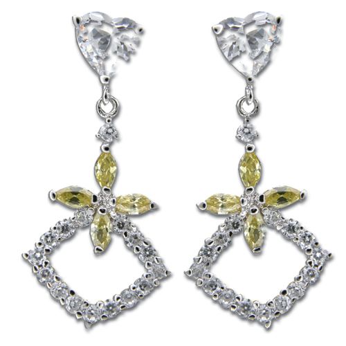 Sterling Silver Heart and Flower with Clear CZ Dangling Earrings 