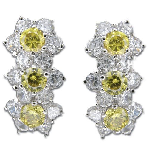 Sterling Silver Triple Flower with Citrine Yellow and Clear CZ Earrings 