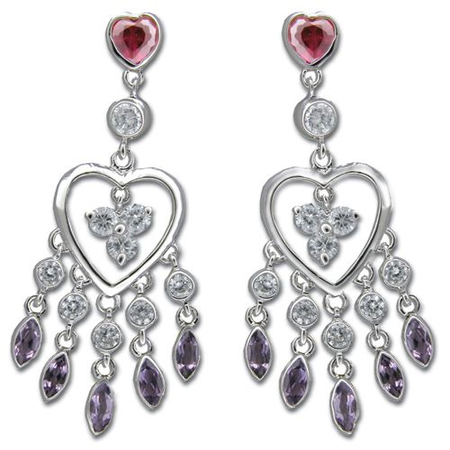 Sterling Silver Layered Hearts with Multi-Color CZ Earrings