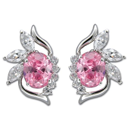 Sterling Silver Flower Design with Clear and Pink Tourmaline CZ Earrings 