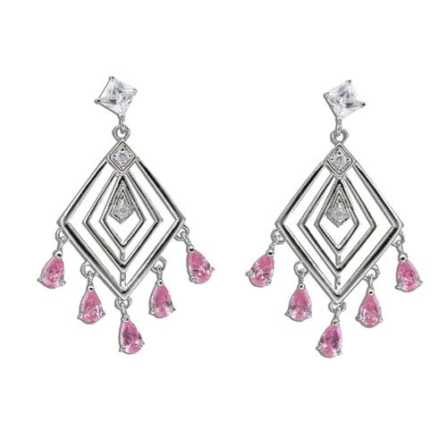 Sterling Silver Rhombus Design with Pink Tourmaline CZ Drop Earrings 