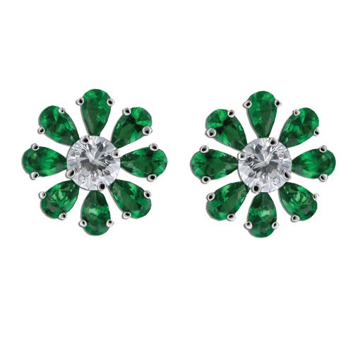 Sterling Silver Flower Design with Clear and Emerald Green CZ Earrings 