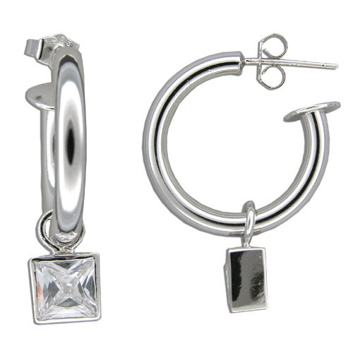 Sterling Silver Hoop Design with Square-Cut Clear CZ Earrings