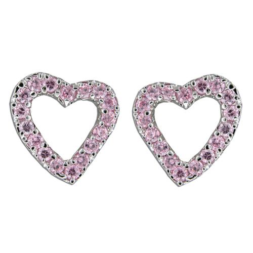 Sterling Silver Open Heart with Pink Tourmaline CZ Earrings 