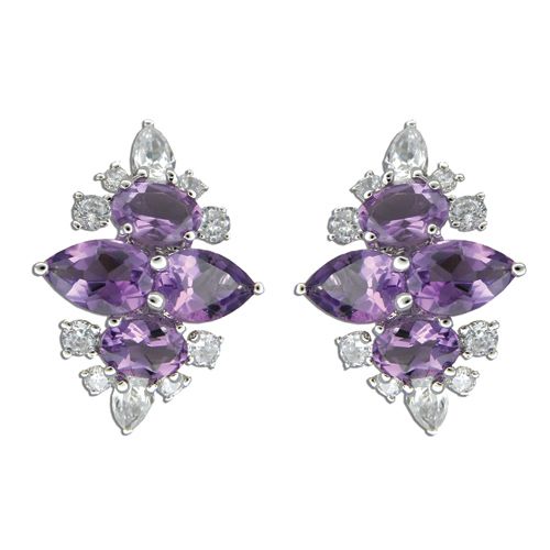 Sterling Silver Vintage Flower Design with Clear and Amethyst Purple CZ Earrings
