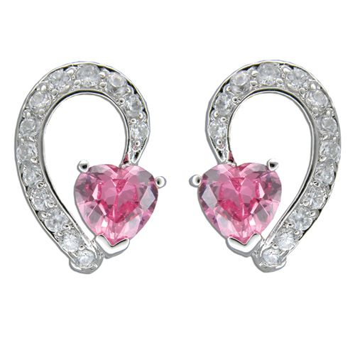 Sterling Silver Half Heart Design with Clear and Pink Tourmaline CZ Heart Earrings 