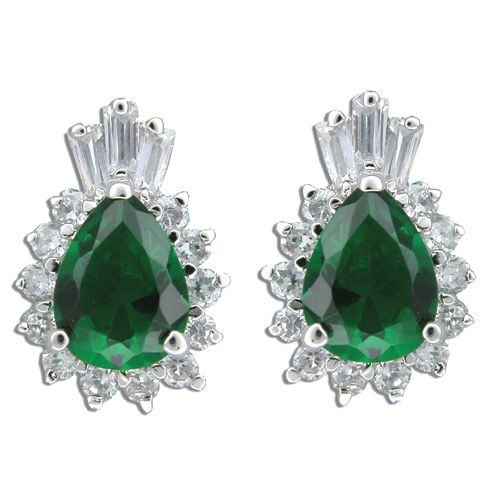 Sterling Silver Teardrop Shaped Emerald Green CZ with Clear CZ Bail Earrings 