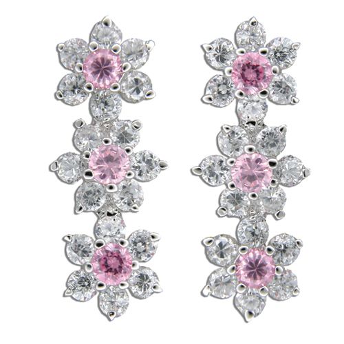 Sterling Silver Triple Flower with Clear and Pink Tourmaline CZ Drop Earrings