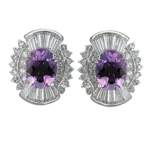 Sterling Silver Bouquet Design with Clear and Amethyst Purple CZ Post Earrings