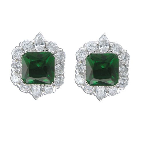 Sterling Silver Vintage Design Square Cut Emerald Green CZ with Clear CZ Earrings 
