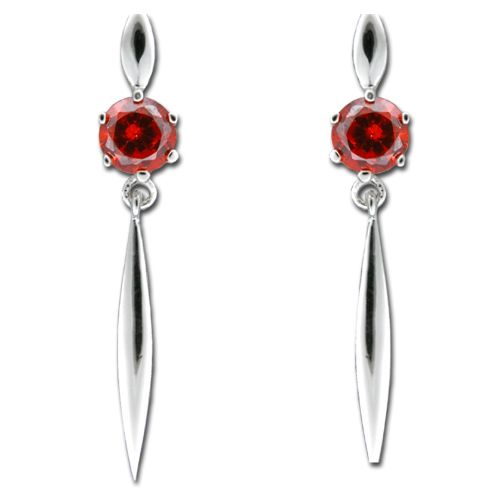 Sterling Silver Minimalist Round-Cut Ruby Red CZ Drop Earrings 