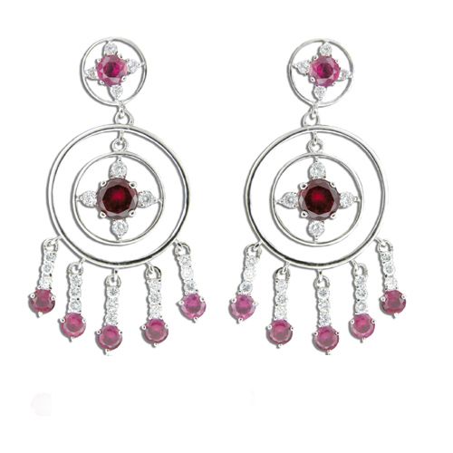 Sterling Silver Multi Circle with Ruby Red CZ Dangling Earrings 