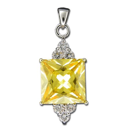 Sterling Silver Double Clear CZ Triangle with Square-Cut Citrine Yellow CZ Pendant 
