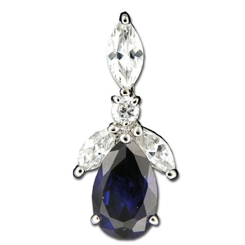 Sterling Silver Angel Design with Clear and Sapphire Blue CZ Pendant 