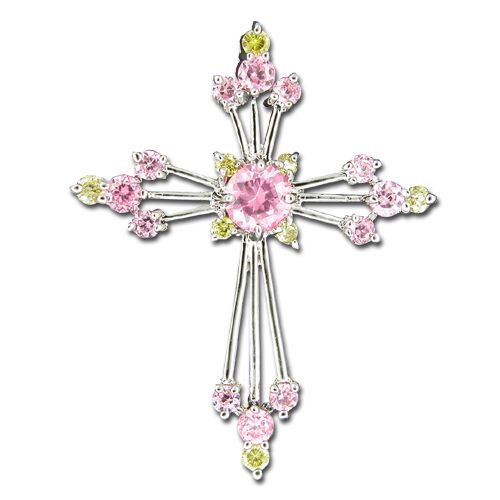 Sterling Silver Fancy Cross Design with Pink Tourmaline CZ and Citrine Yellow CZ Pendant 