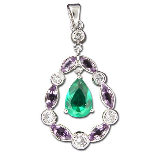 Sterling Silver CZ Leis with Tear Drop Shaped Emerald Green CZ Pendant 