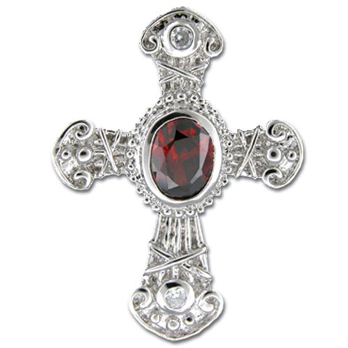 Sterling Silver Antique Cross Design with Oval Shaped Garnet Red CZ Pendant 