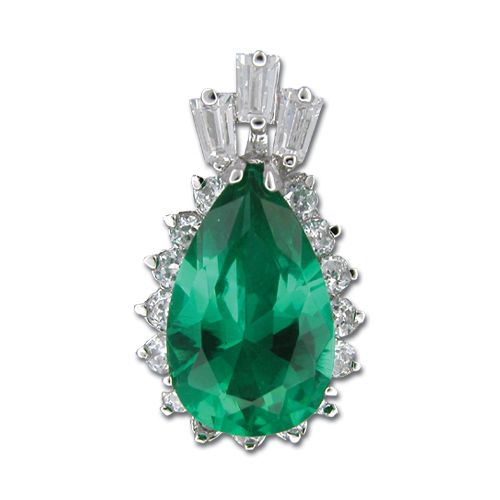 Sterling Silver Teardrop Shaped Emerald Green CZ with Clear CZ Bail Pendant