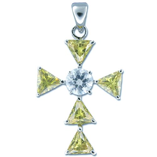 Sterling Silver Cross Design with Light Green CZ and Clear CZ Pendant 