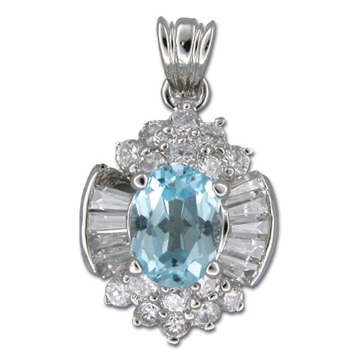 Sterling Silver Bouquet Design with Clear and Aquamarine Blue CZ Pendant 