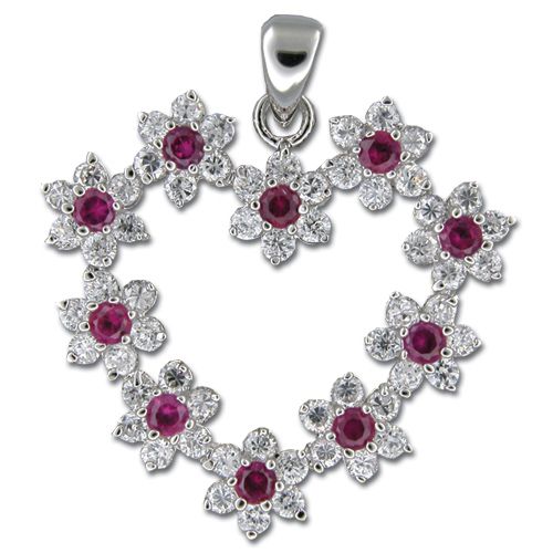 Sterling Silver Flower Leis Heart with Ruby Red CZ Pendant