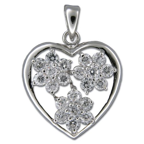 Sterling Silver Triple Flowers with Clear CZ Heart Pendant 