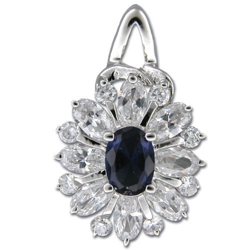 Sterling Silver Flower Design with Clear CZ and Sapphire Blue CZ Pendant 