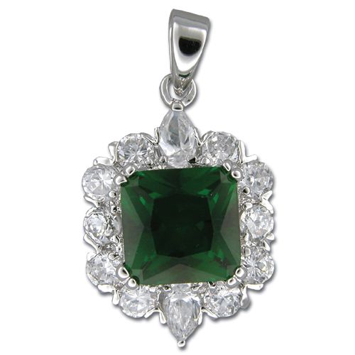 Sterling Silver Vintage Design Square Cut Emerald Green CZ with Clear CZ Pendant 