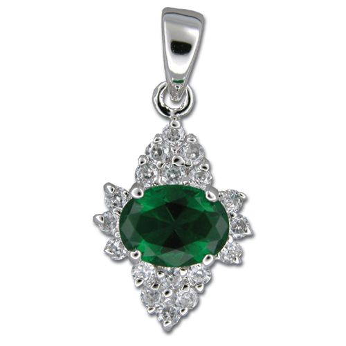 Sterling Silver Badge Design with Clear and Emerald Green CZ Pendant