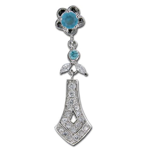 Sterling Silver Flower Design with Clear and Aquamarine Blue CZ Drop Pendant 