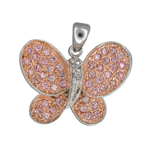 Sterling Silver Butterfly Design with Pink Tourmaline CZ Pendant