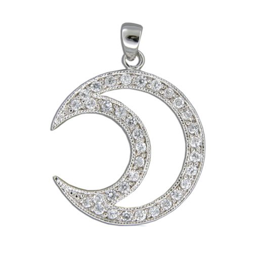 Sterling Silver Moon with Clear CZ Pendant 
