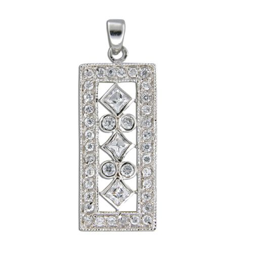 Sterling Silver Square and Round Shaped Clear CZ Vertical Pendant 