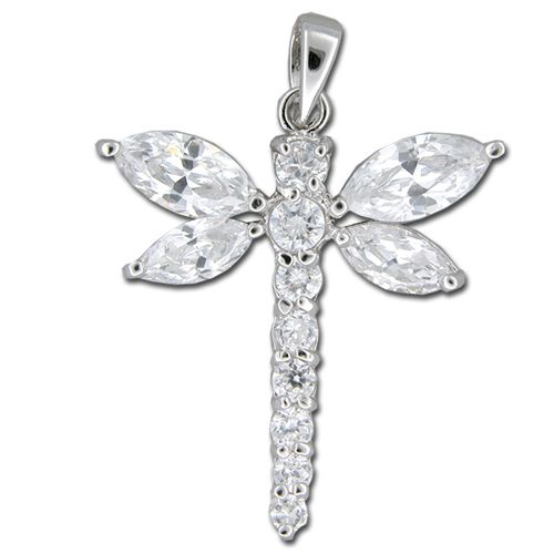 Sterling Silver Dragonfly Shaped with Clear CZ Pendant